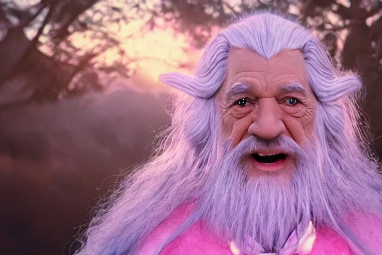 Image similar to portrait of Gandalf wearing pink Hello kitty costume, smiling warmly, sunrise, movie still from Lord of the Rings, cinematic