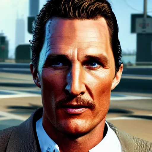 Image similar to matthew mcconaughey as a GTA style character on a loading screen, 4k, high detail, high-resolution photograph, professional photography, ultra-detail