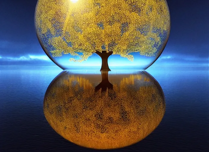 Prompt: glowing transparent crystal ball on a beautiful lake, full view, radiant light, tree of life inside the ball, intricate details, reflections on the water, ripples, moody sky, golden ratio, hyperdetailed illustration by mark brooks, by yuumei, unreal engine 5, low light