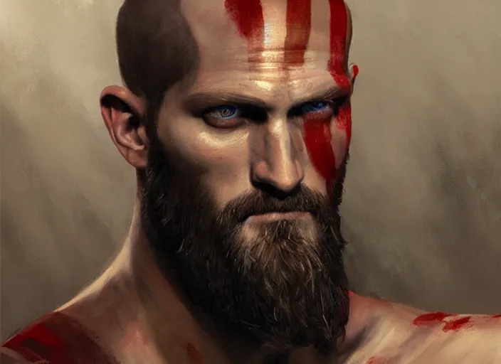 Image similar to a highly detailed beautiful portrait of alexander skarsgard kratos hybrid god of war, by gregory manchess, james gurney, james jean, octane, fantasy