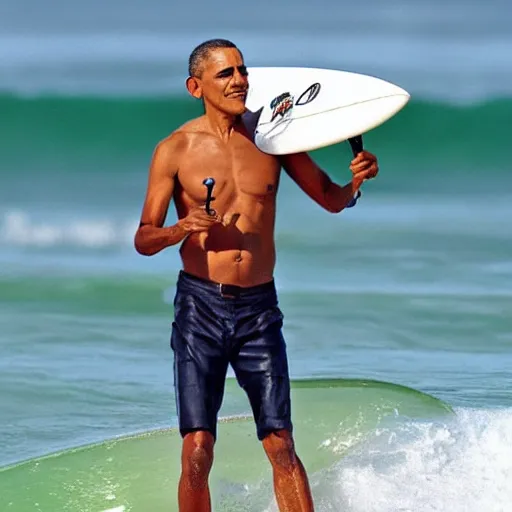 Image similar to obama surfing in rough surf holding a margarita, sharp focus, intricate details, highly detailed, realistic vacation photograph