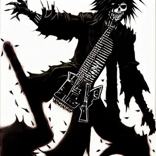 Image similar to a portrait of the grim reaper as a punk rocker playing an electric guitar, punk, skeleton face, mohawk, dark, fantasy, leather jackets, spiked collars, spiked wristbands, piercings, boots, electric guitars, motorcycles, ultrafine detailed painting by frank frazetta and vito acconci and michael whelan and takeshi obata, death note style, detailed painting