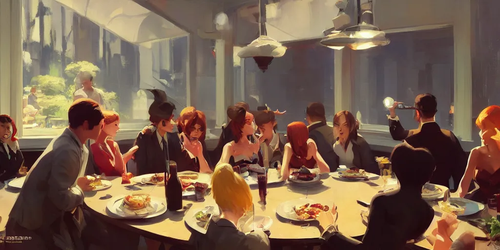 Image similar to one group of people are eating fancy looking at another group of people fighting by Craig Mullins, ilya kuvshinov, krenz cushart, artgerm trending on artstation by Edward Hopper and Dan Mumford and WLOP and Rutkovsky, Unreal Engine 5, Lumen, Nanite