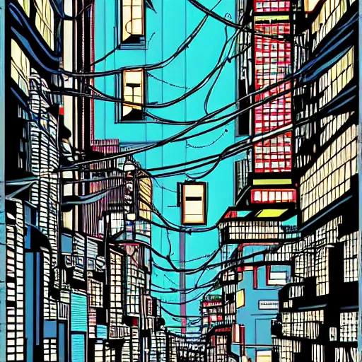 Image similar to a cyberpunks city drawn in the style of Hirohiko Araki, coloured, raining. Wires hanging from buildings. Dark tone, moonlight, stars