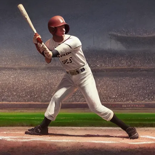 Image similar to baseball player hitting the ball with the baseball bat in the middle of the game and in front of everyone in the stadium, james gurney painting style, greg rutkowski, artstation, octane render, unreal engine 5