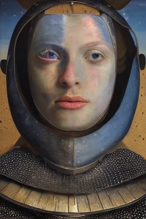 Image similar to hyperrealism oil painting, close - up portrait of face hiding in stingray medieval fashion model, knight, steel gradient mixed with nebula sky, in style of baroque mixed with 7 0 s book art