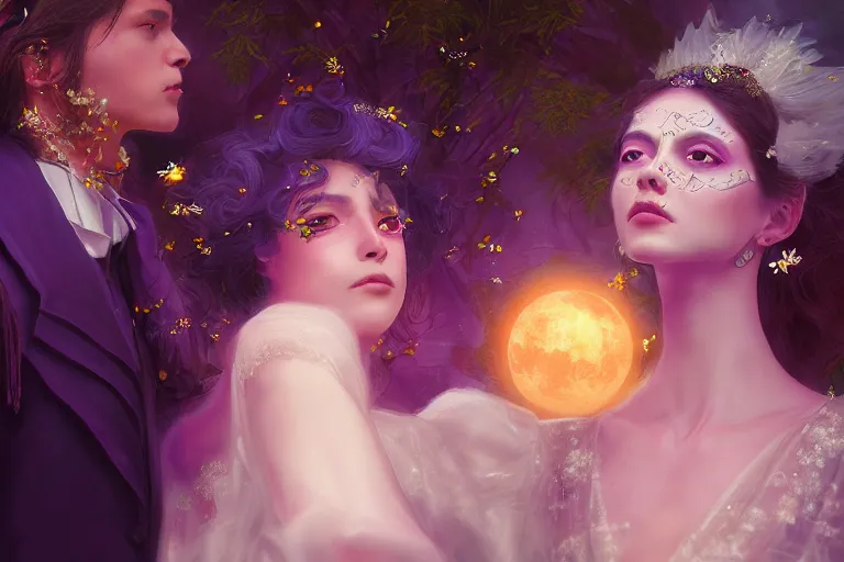 Image similar to a dreamlike cinematic portrait of wedding photograph close up moment of a divine a russia sun god and moon goddess lovers magician at a wedding banquet. portraiture. digital painting. artstation. concept art. fantasy wedding photo. digital painting, 8 k realistic, hyper detailed, violet evergarden art masterpiece by art by krenz cushart