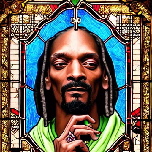 Prompt: snoop dogg as a stained glass window in a russian orthodox church, tabernacle deep focus, d & d, gothic, intricate, elegant, highly detailed, digital painting, artstation, concept art, matte, sharp focus, illustration, hearthstone, art by artgerm and greg rutkowski and alphonse mucha