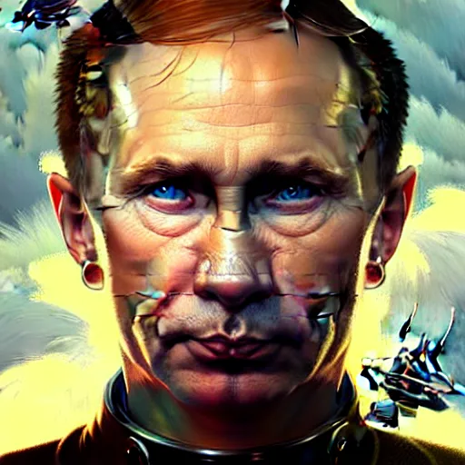 Prompt: Portrait of Putin in space, D&D, blue eyes, face, fantasy, intricate, elegant, highly detailed, digital painting, artstation, concept art, smooth, sharp focus, illustration, art by artgerm and greg rutkowski and alphonse mucha