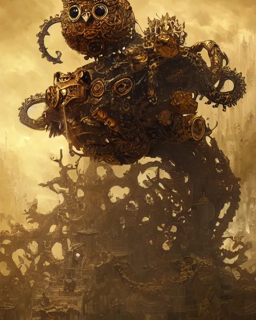 Prompt: oil painting of ornate intricate golden Steampunk owl Golem fighting chinese dragon, sharp focus, fantasy style, steampunk city background, octane render, volumetric lighting, 8k high definition, by greg rutkowski, highly detailed, trending on art Station