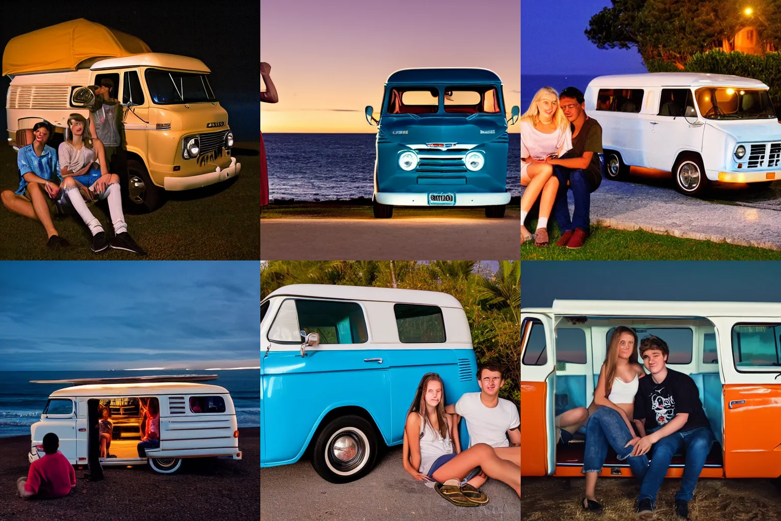 Prompt: teenage couple sitting beside classic chevrolet g20 conversion van by the sea at night