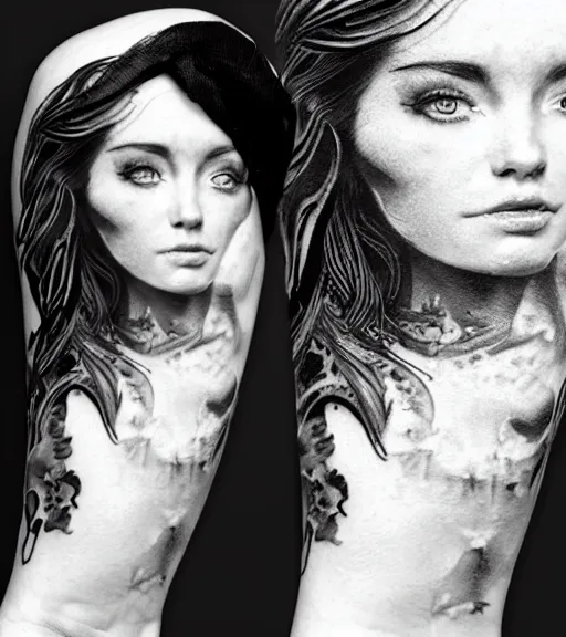 Image similar to tattoo design sketch of a beautiful woman face against a faded background of beautiful mountains on her side, hyper - realistic, double exposure effect, in the style of den yakovlev, amazing detail, black and white, faded