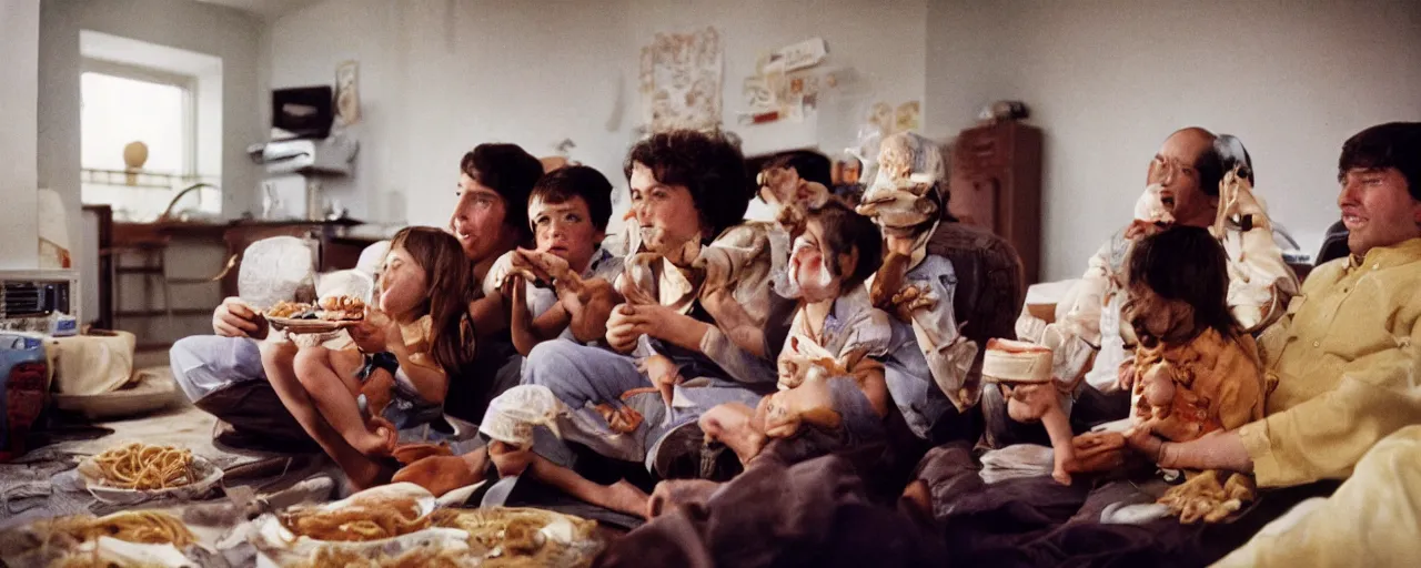 Prompt: a family watching the moon landing on tv, eating spaghetti, in the style of steve mccurry, canon 5 0 mm, wes anderson film, kodachrome, retro