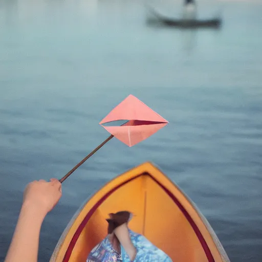 Prompt: a girl in a origami boat at dusk