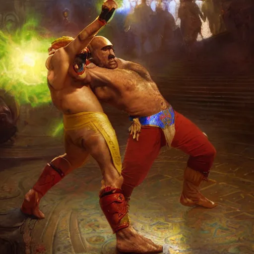 Image similar to the iron sheik breaking hulk hogan's back, radiant light, caustics, heroic, bright iridescent light, by gaston bussiere, bayard wu, greg rutkowski, maxim verehin, epic wrestling combat, legendary