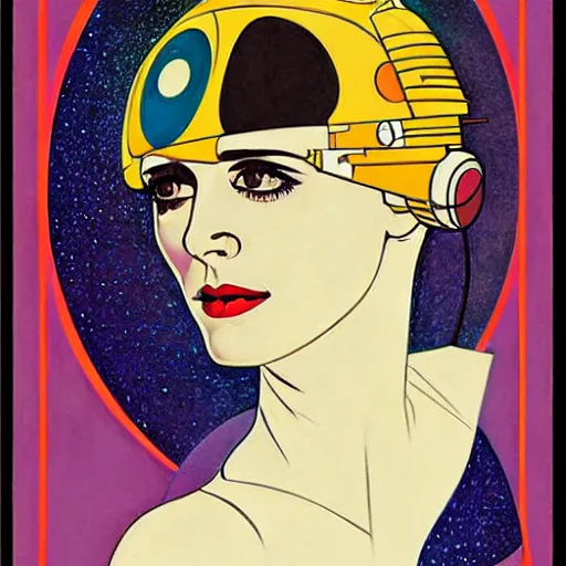 Image similar to Art by Coles Phillips, Eva Green as Space Commander Zeta from the Year 3000, Mucha, Kandinsky,