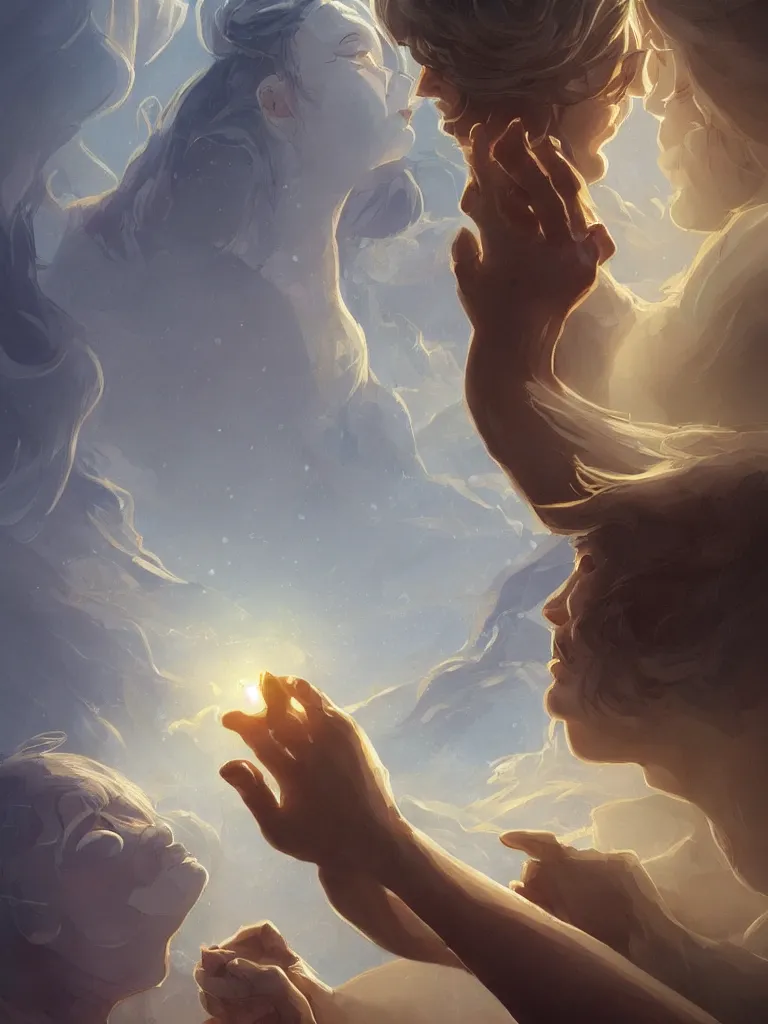 Prompt: hold me close by disney concept artists, blunt borders, rule of thirds, golden ratio, godly light