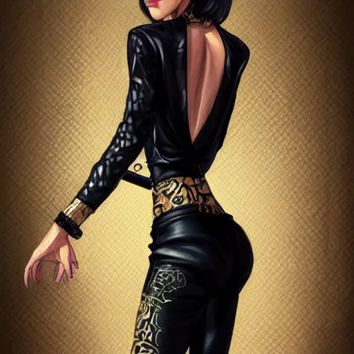 Image similar to yakuza slim girl, gold suit jacket in snake print, jacket over bare torso, yakuza tattoo on body, black short curtain haircut, black leather pants with black belt, elegant, 2d, ultra highly detailed, digital painting, smooth, sharp focus, artstation, art by artgerm, rossdraws