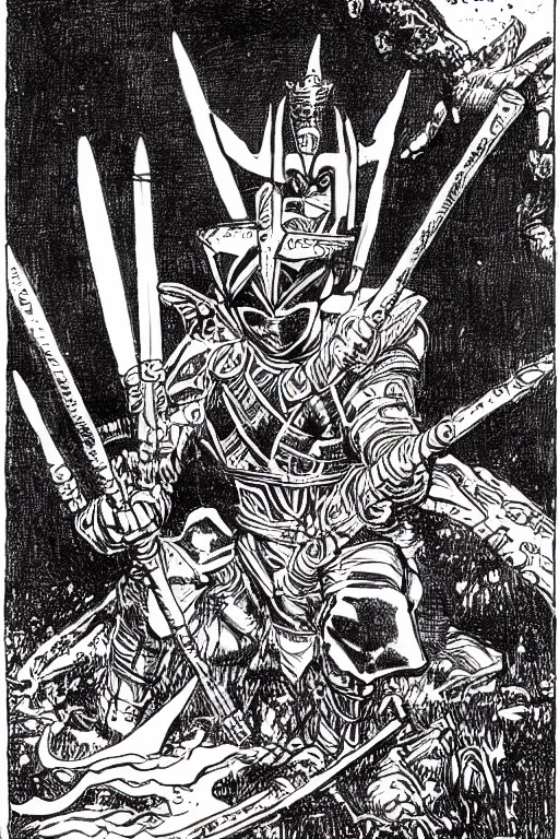 Image similar to a medieval power ranger as a d & d monster, pen - and - ink illustration, etching, by russ nicholson, david a trampier, larry elmore, 1 9 8 1, hq scan, intricate details, high contrast