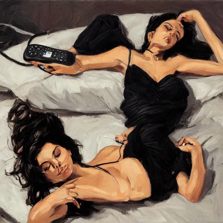 Image similar to Ground Level Shot, long shot of a beautiful dark haired woman wearing a black dress, laying on her back on a bed, holding old telephone hand peice with twisted cable by fabian perez