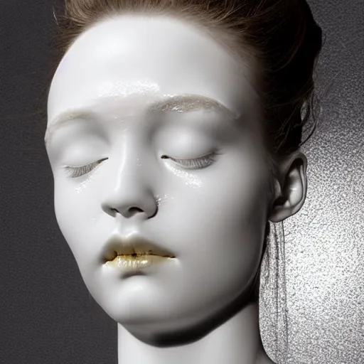 Image similar to full head and shoulders, beautiful female porcelain sculpture by daniel arsham and raoul marks, smooth matte skin, all white features on a white background, delicate facial features, white eyes, white lashes, gold liquid dripping from eyes