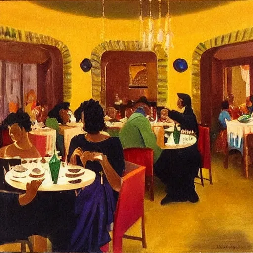 Prompt: dark skinned people eating at a regal buffet ultra detailed beautiful setting elegant event nigerian party minimalist gold ornaments iridescent lighting in the style of edward hooper and henri matisse oil painting