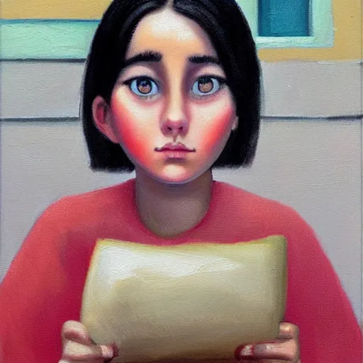 Image similar to orphan girl pondering a taco. oil on canvas painting by margaret keane.