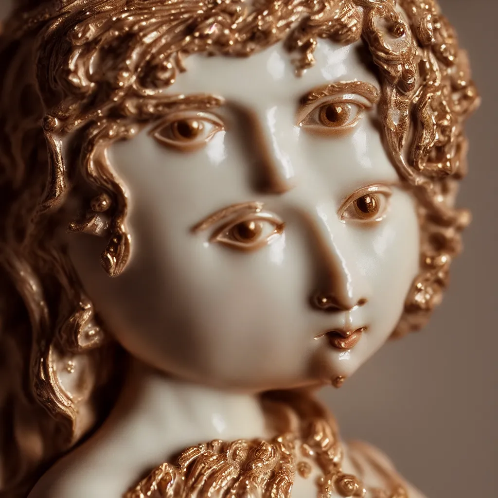 Image similar to a single face, close up photo - real delicate ceramic porcelain sculpture of an ornate girl detailed in front of an intricate background by mondrian, backlit lighting, subsurface scattering, translucent, thin porcelain, octane renderer, colorful, physically based rendering,