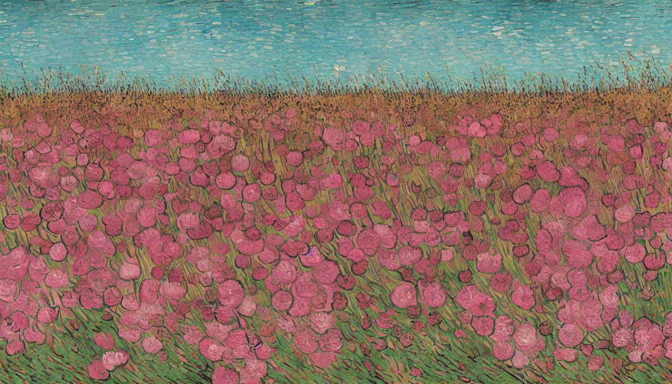 Image similar to pink fox head popping out of a field of flowers by Van Gogh, minimalist, detailed