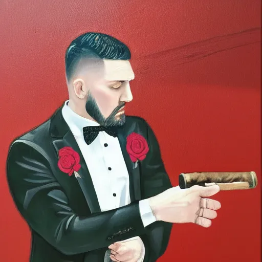 Image similar to a close - up canvas painting of a realistic gangster irish man with a fade haircut, lighting a cigar, wearing a suit, bowtie, and ring, highly detailed