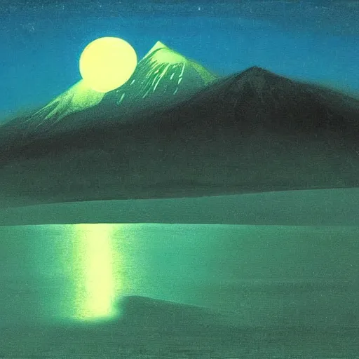 Prompt: mt elbrus at night, the moon refraction distorted edges, arkhip kuindzhi painting, teal palette