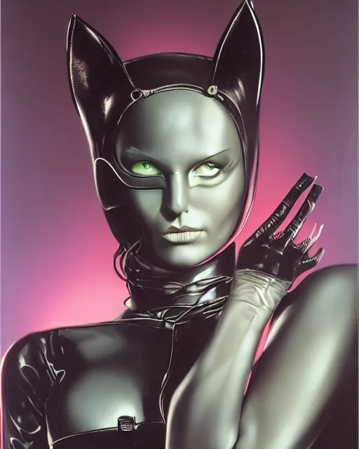 Prompt: a woman dressed in a catwoman costume, a matte painting hans larwin and rudolf sieber lonati and gilbert williams, cgsociety, transgressive art, darksynth, synthwave, reimagined by industrial light and magic