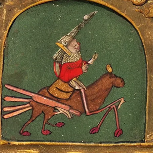 Image similar to knight riding on a frog, medieval painting