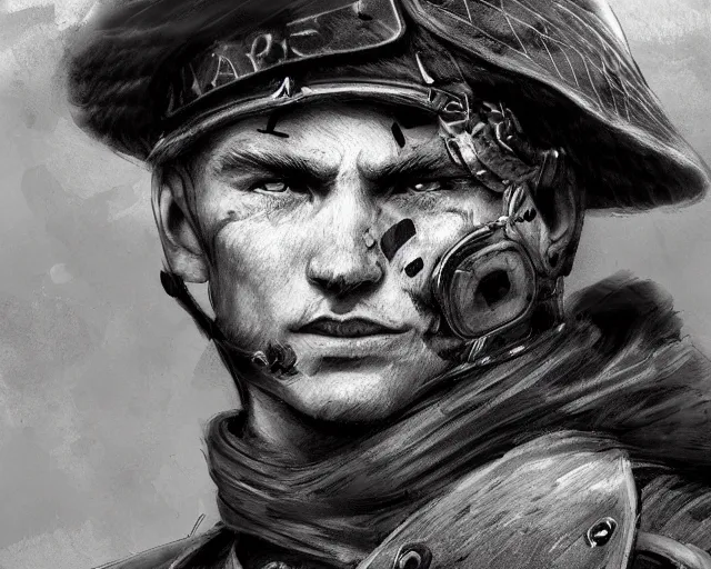 Image similar to A soldier cat warrior in world war one, close-up, realistic face, sharp facial features, mature facial features, black and white, amazing digital art, hyper detailed, artstation, in the style of Tony Sart