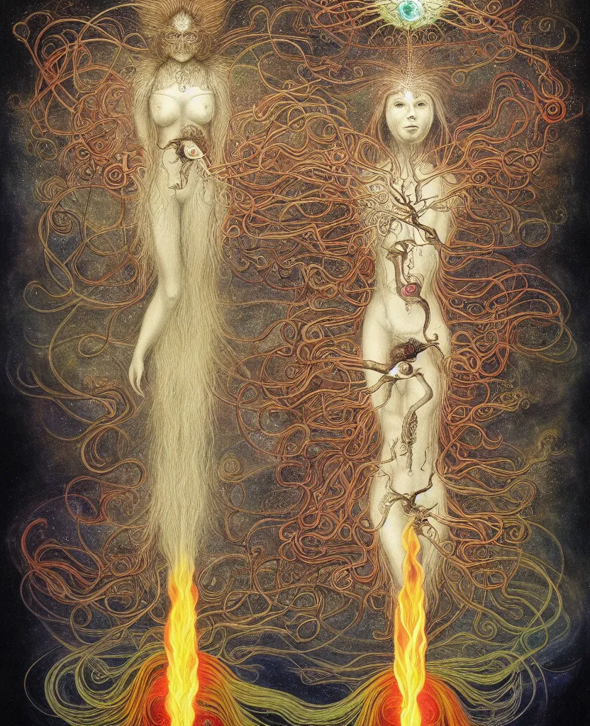 Prompt: at bifrost, a whimsical wild child creature radiates a unique canto'as above so below'while being ignited by the spirit of haeckel and robert fludd, breakthrough is iminent, glory be to the magic within, in honor of venus, painted by ronny khalil