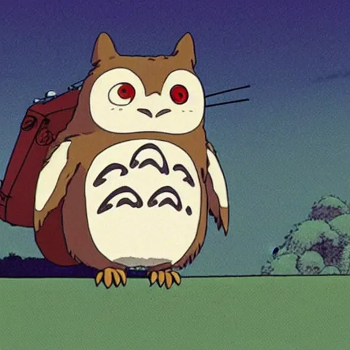 Image similar to still from studio ghibli movie My Neighbor Totoro, Hayao Miyazaki,barn owl in a black suit wearing an office bag going to the office, symetrical face