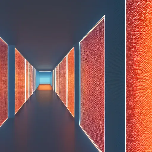 Image similar to array of translucent walls in wide abstract space, raytracing, 5 5 mm