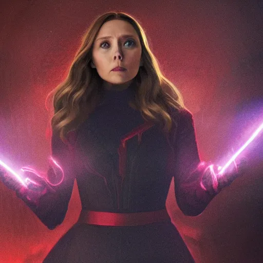 Image similar to movie still of elizabeth olsen as the scarlet witch, facing away from the camera, standing in the middle of a dark cave, holding red magic from her hands, illuminating the area, golden ratio!!!!!, centered, trending on artstation, 8 k quality, cgsociety contest winner, artstation hd, artstation hq, luminous lighting