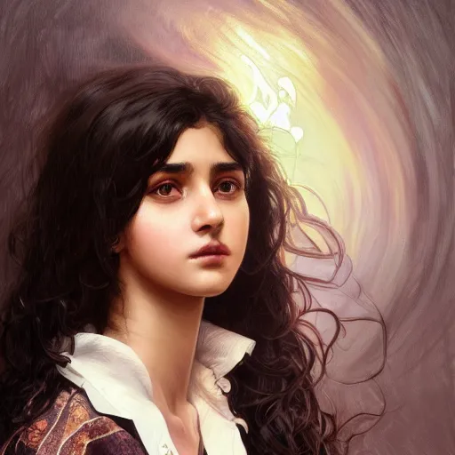 Image similar to portrait of a british teenage girl with wavy black hair, desi girl with dark brown skin, glowing skin, fantasy, intricate, elegant, dress shirt, school uniform, highly detailed, digital painting, artstation, concept art, smooth, sharp focus, illustration, art by Krenz Cushart and Artem Demura and alphonse mucha