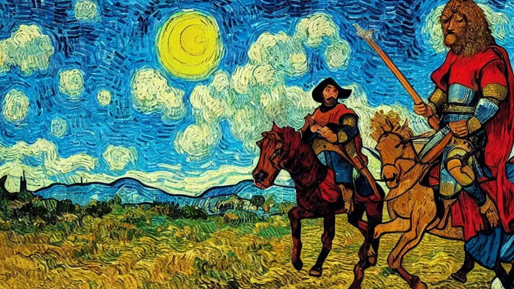 Prompt: a knight riding a horse and aiming an ak - 4 7 to a lion, medieval times, panoramic, vibrant colours, painted by bob ross and van gogh