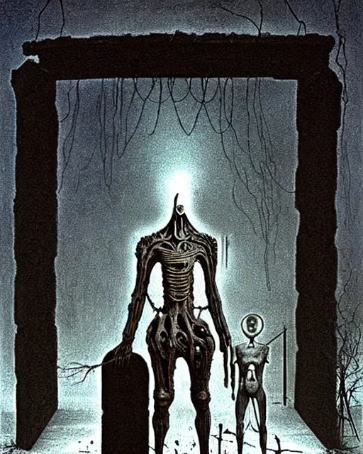 Image similar to full-body creepy realistic central composition, a decapitated soldier with futuristic elements. he welcomes you into the fog with no head, dark dimension portal, empty helmet inside is occult mystical symbolism headless full-length view. attendants watching, standing in ancient gate eldritch energies disturbing frightening eerie, what does it mean, artwork by Salvador Dali