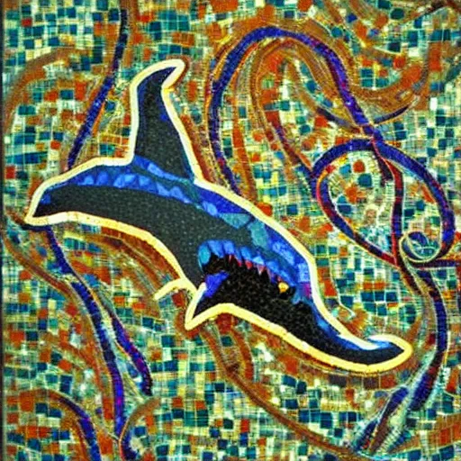 Image similar to impressionist mosaic of shark eating squid