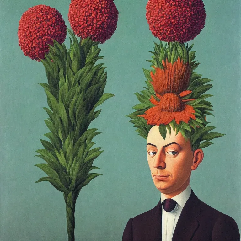 Image similar to portrait of a flower - head man by rene magritte, detailed painting, distance, centered, hd, hq, high resolution, high detail, 4 k, 8 k