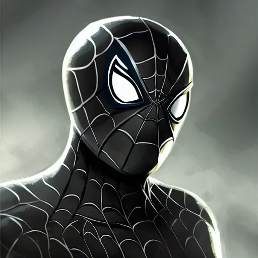 Prompt: a portrait of symbiote spiderman, D&D, sci-fi, elegant, hopeful, muscular, highly detailed, digital painting, artstation, concept art, smooth, sharp focus, illustration