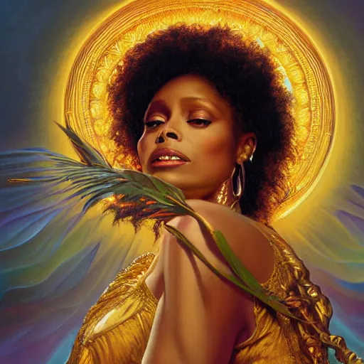 Image similar to Erykah Badu as a golden goddess , A stunning masterpiece, by Stanley Artgerm Lau, greg rutkowski, Thomas kindkade, alphonse mucha, loish, norman Rockwel