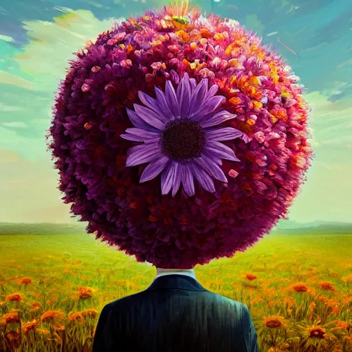 Image similar to giant daisy flower head, frontal, a girl in a suit, surreal photography, sunrise, dramatic light, impressionist painting, digital painting, artstation, simon stalenhag