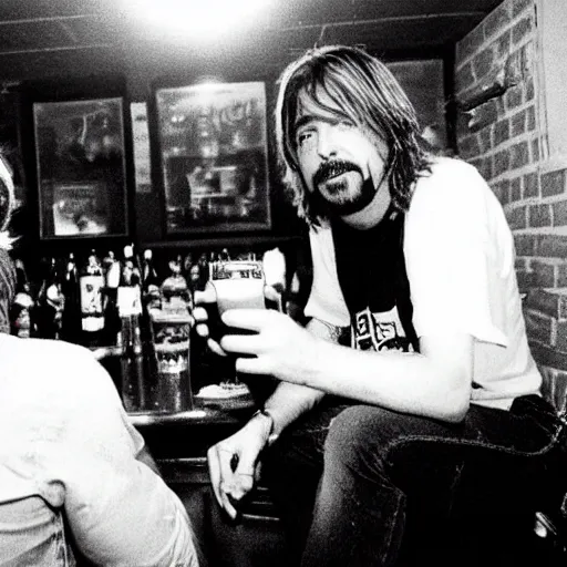 Prompt: Photo of Kurt Cobain and Dave Grohl sharing a beer in a bar