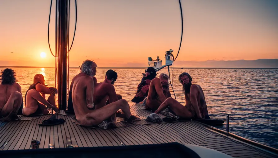 Image similar to several hobo bums party hard on the luxury super yacht, sunset light, expensive materials, symmetrical, cinematic, elegant, luxury, real photography, 4 k, ultra hd, luxury journal cover