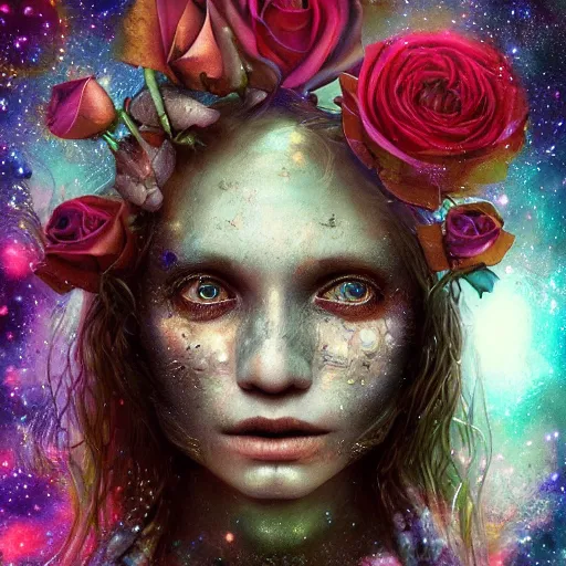 Prompt: Very very very very highly detailed mystic, enigmatic, strange portrait with galaxy, roses, shark's teeth by Brooke Shaden, intricate, extremely detailed, digital painting, artstation, concept art, smooth, sharp focus, illustration, intimidating lighting, incredible art,