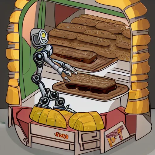 Prompt: a robot living inside a bread sandwish seen from outside, hyper detailed,